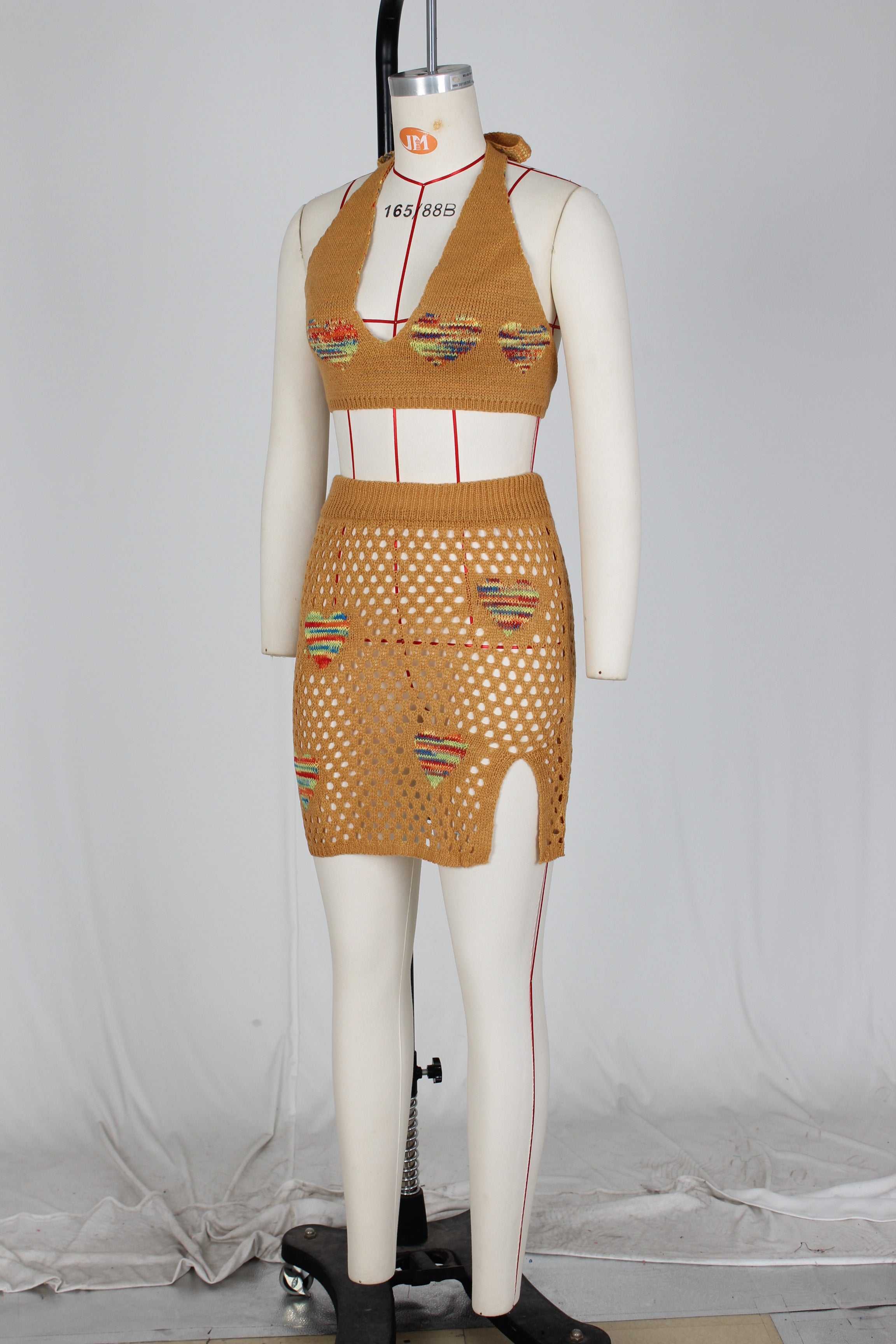 Women's Sexy Heart Print Jacquard Hollow Knitting Beach Fashion Two Piece Skirt Set 22