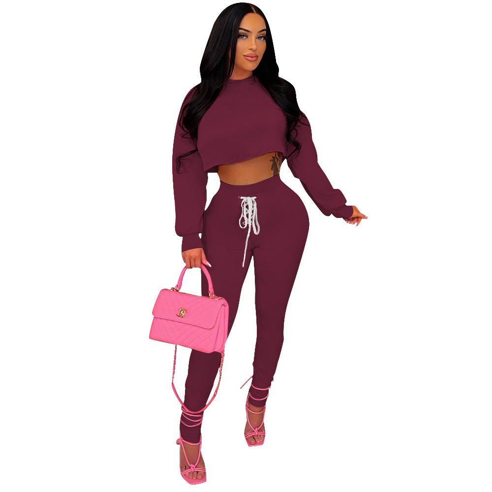 Women Autumn/Winter Long Sleeve Top+Lace-Up Pants Solid Color Two-piece Set 4