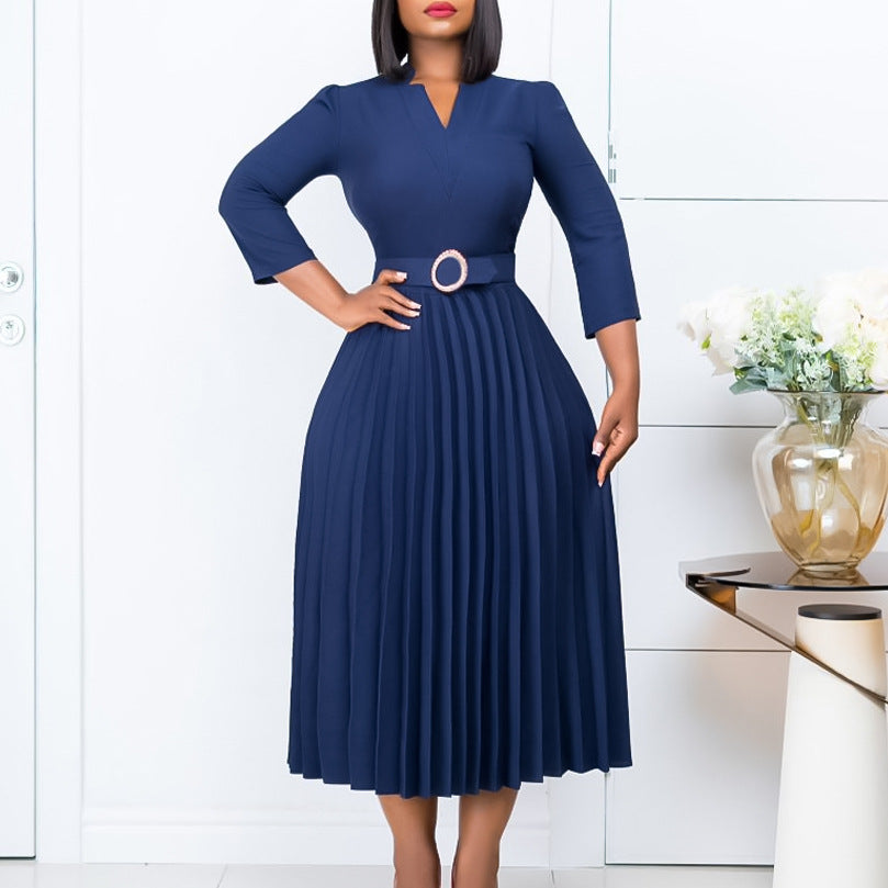 Women Autumn V-neck Elegant Pleated Dress 6