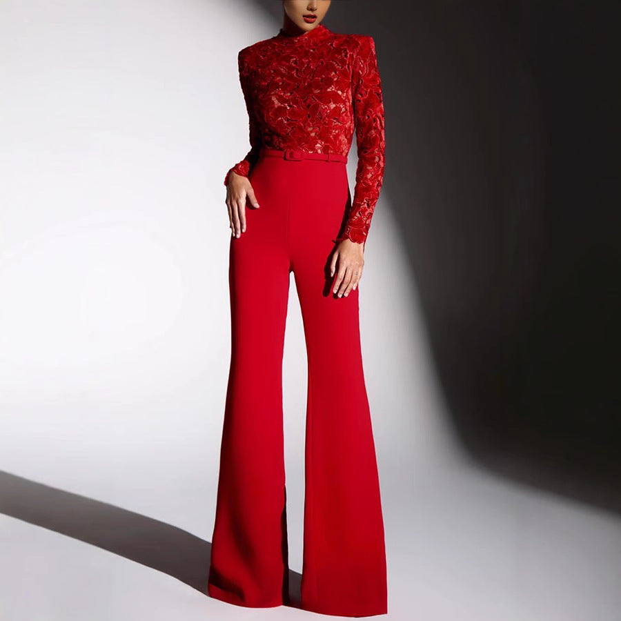Women Long Sleeve Belt Bell Bottom Jumpsuit 5