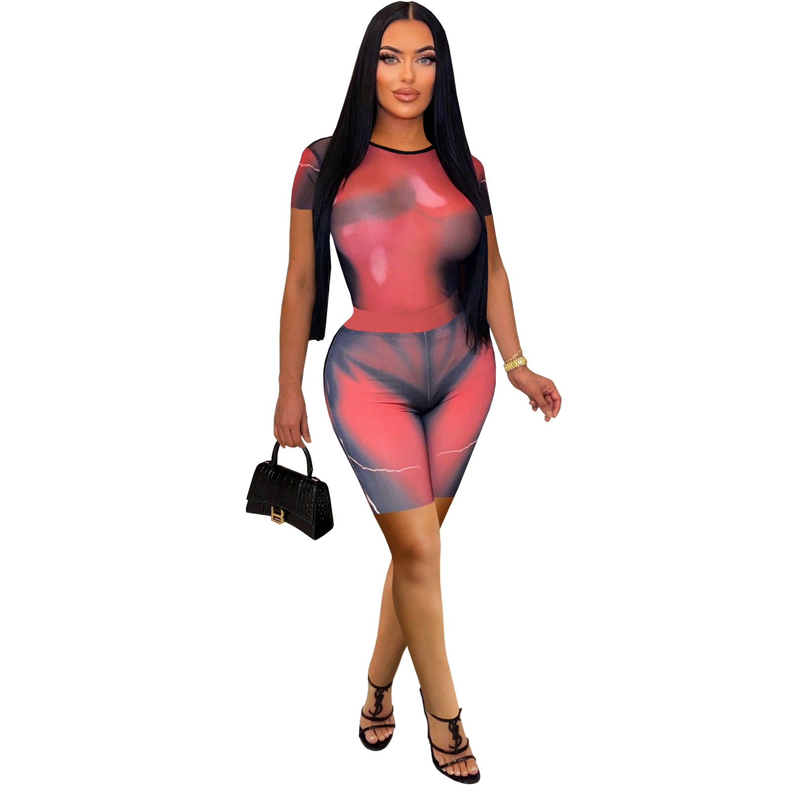 Women Tie Dye Print Round Neck Short Sleeve Top and Short Two-Piece Set 10