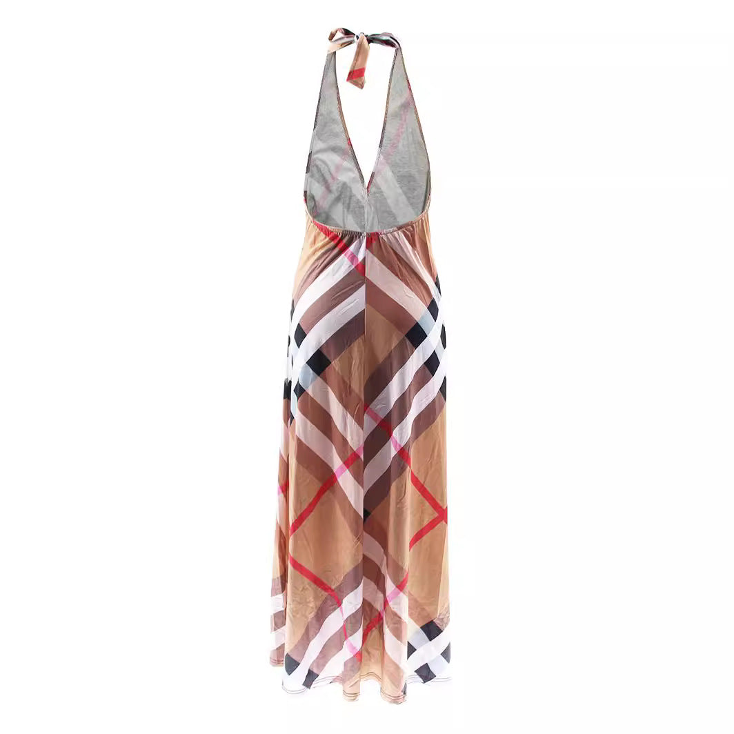 Women Sexy V-Neck Halter Neck Lace-Up Striped Print Sleeveless Casual Dress 7