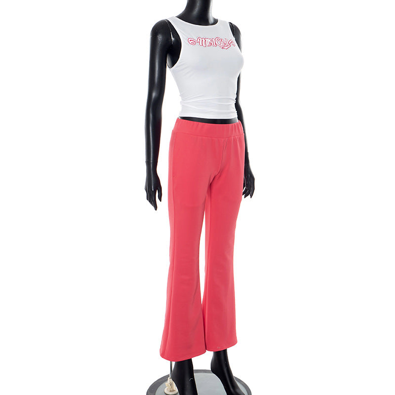 Women's Spring/Summer Round Neck Beaded Letter Print Vest Elastic High-Waist Bell Bottom Pants Two Piece Set 6