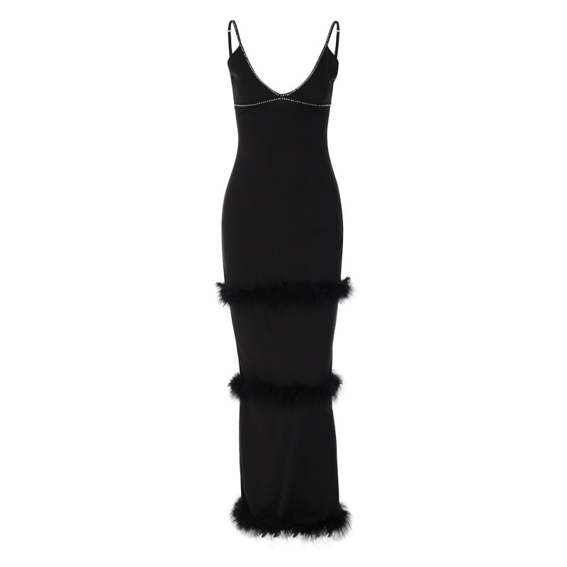 Autumn Women's Sexy Beaded Straps Slim Waist Low Back Furry Dress 7