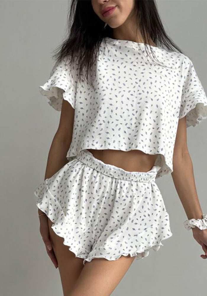 Summer Women's Casual Printed Short Sleeve Round Neck Top Shorts Pajamas Two-Piece Set