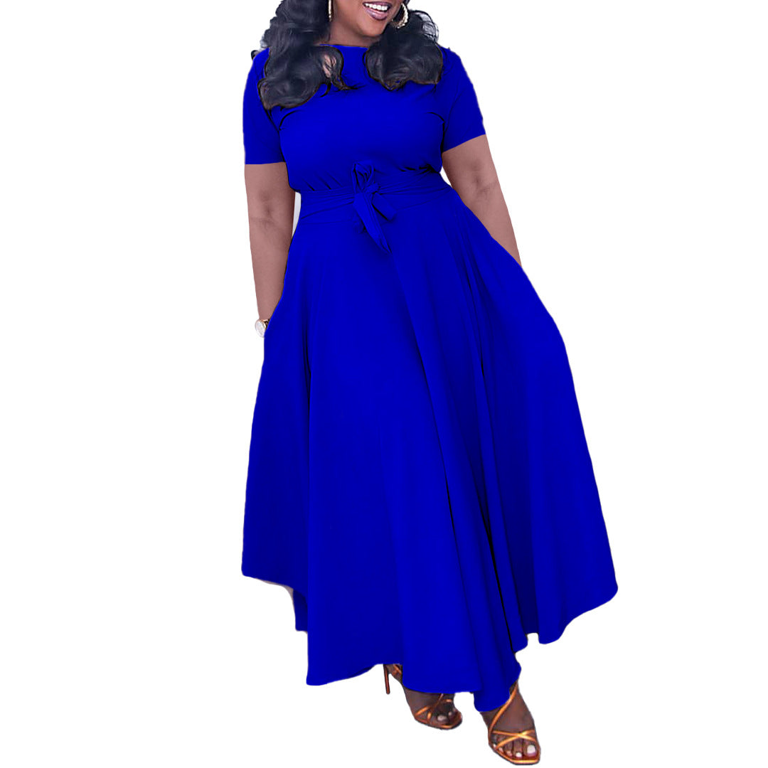 Women'S Summer Fashion Chic Solid Short Sleeve A-Line Africa Plus Size Dress 12