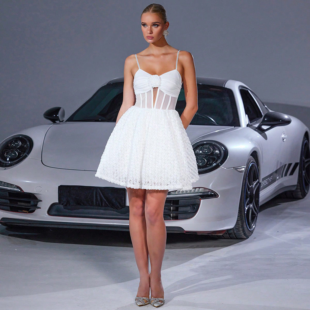 Women's Strap Floral A-Line Mini Wedding Dress 7