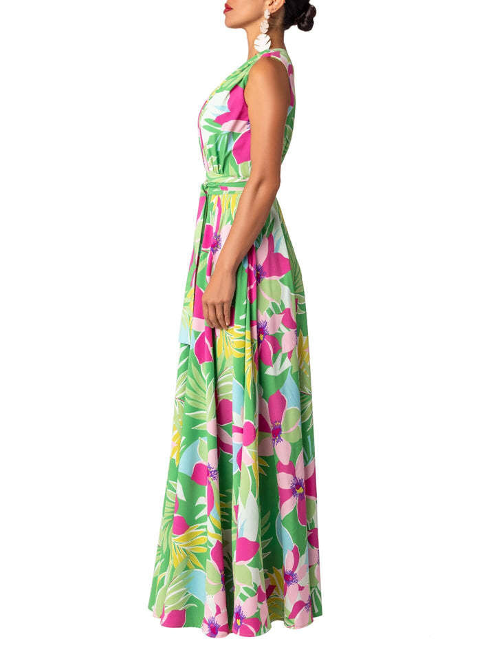 Summer Women's V-Neck Printed High Waist Belt Swing Maxi Dress 9