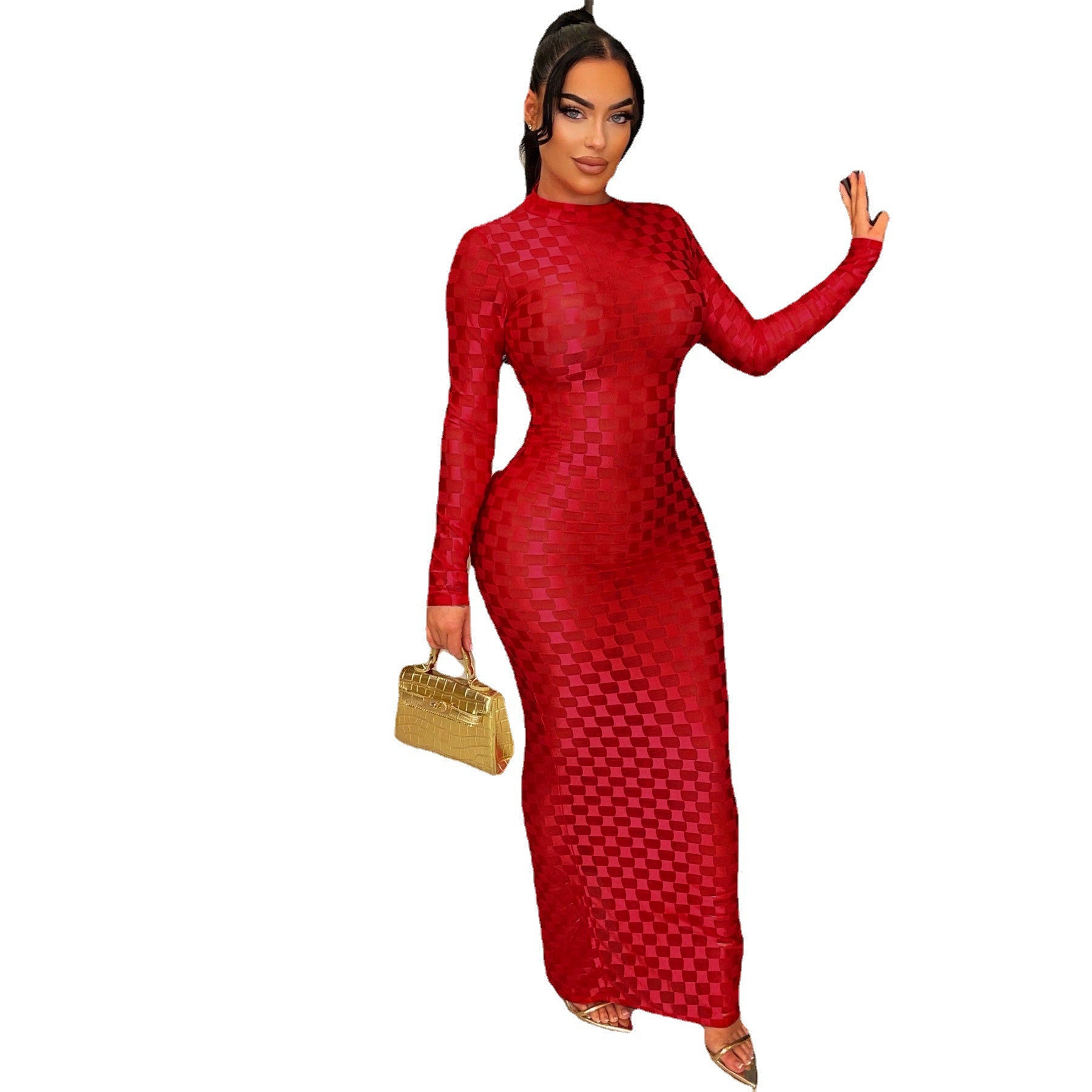 Women's Fashion Mesh Round Neck Slim Fit Long Dress 15