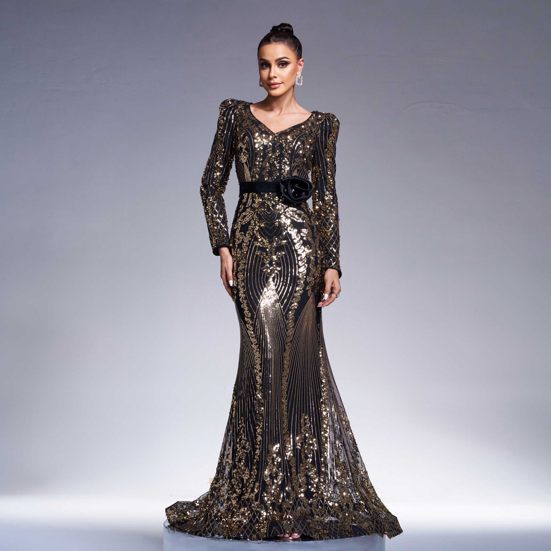 Women long-sleeved V-neck Bodycon Formal Party sequin fishtail evening dress 3