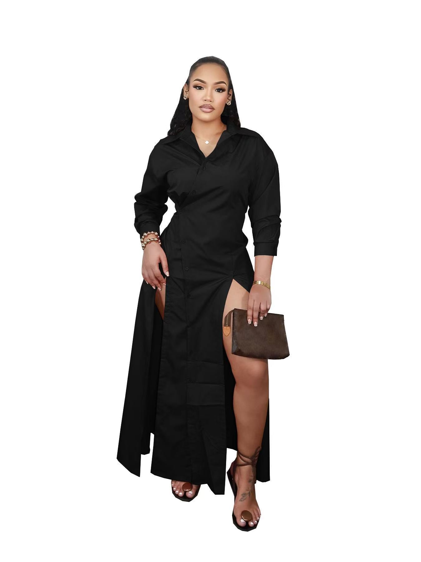 Women Fall/Winter V-Neck Slit Shirt Dress 5