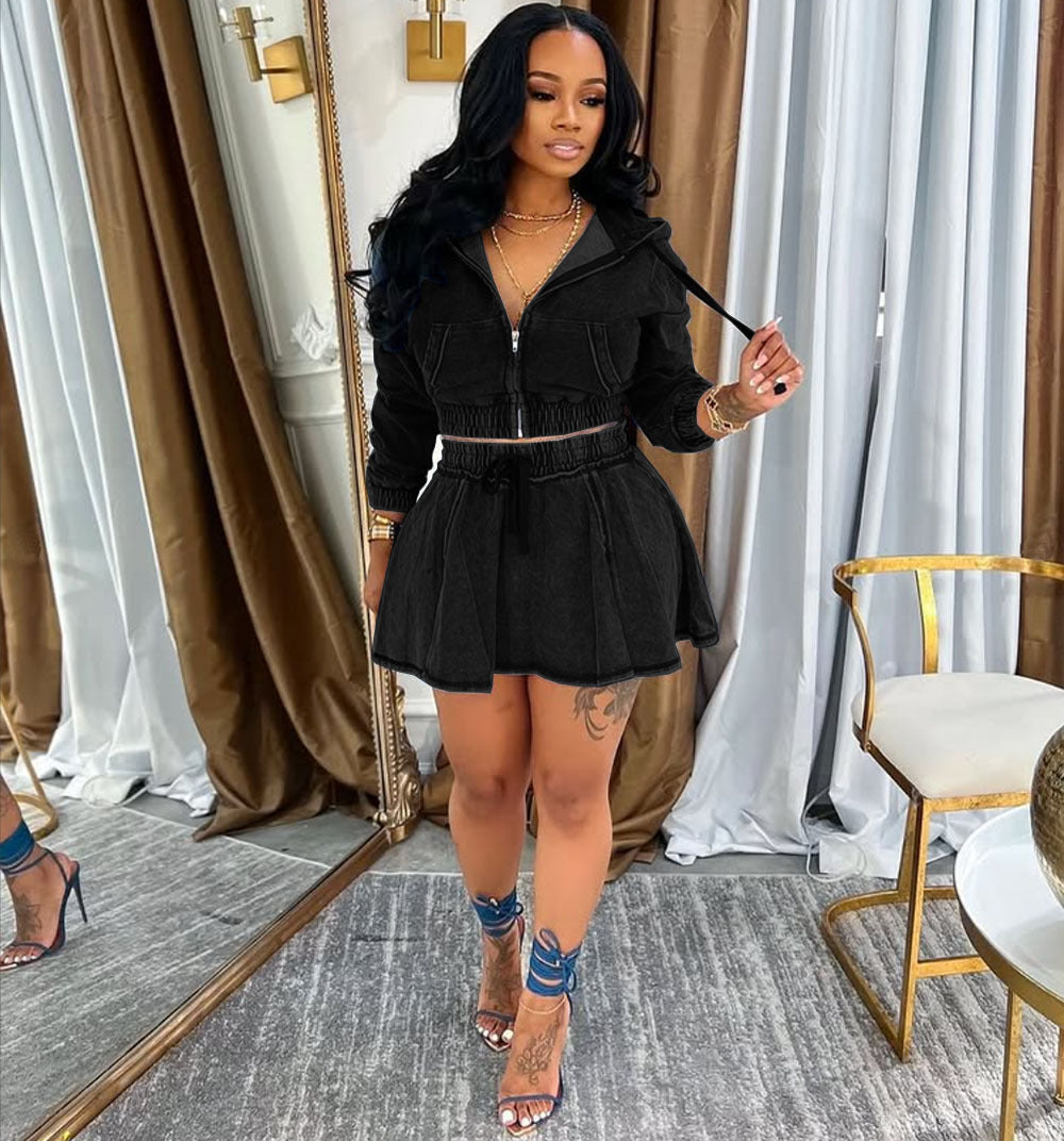 Women's Autumn Winter Denim Jacket Skirt Casual Two Piece Set 5