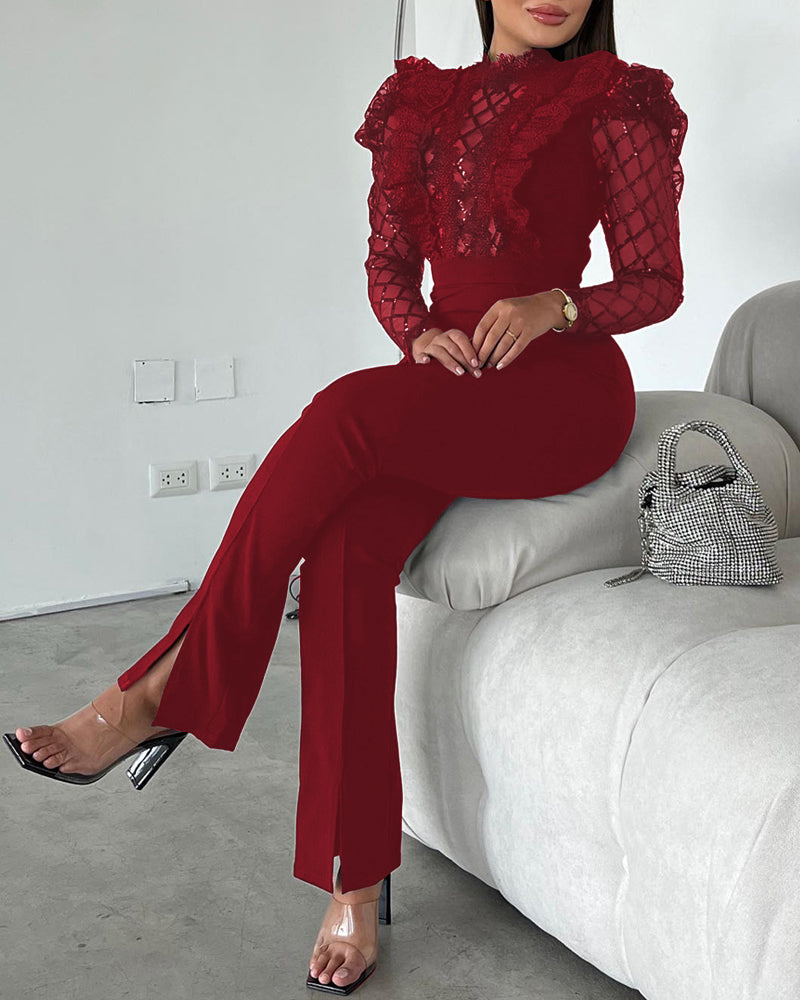 Women black sequin lace long sleeve slit jumpsuit 7