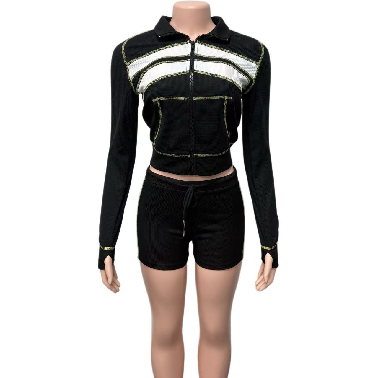 Women Waffle Color-Contrast Patchwork Top and Drawstring Shorts Two-Piece Set 7