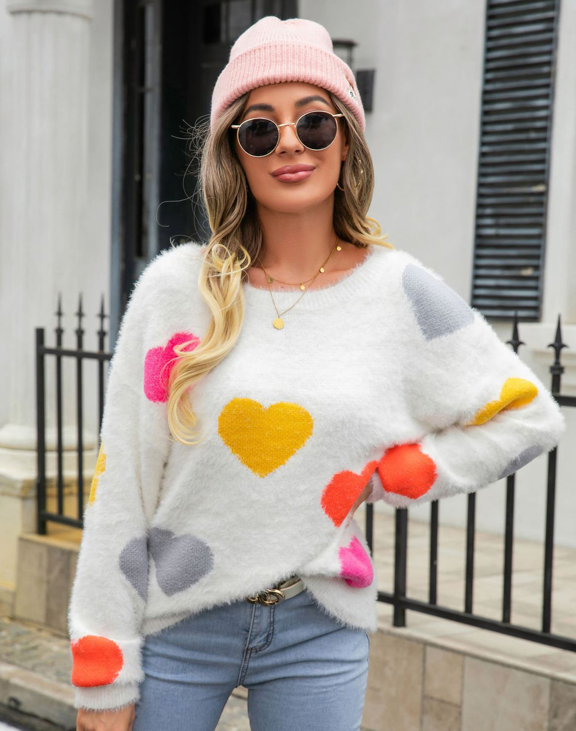 Women Round Neck Basic Heart Print Sweater 6