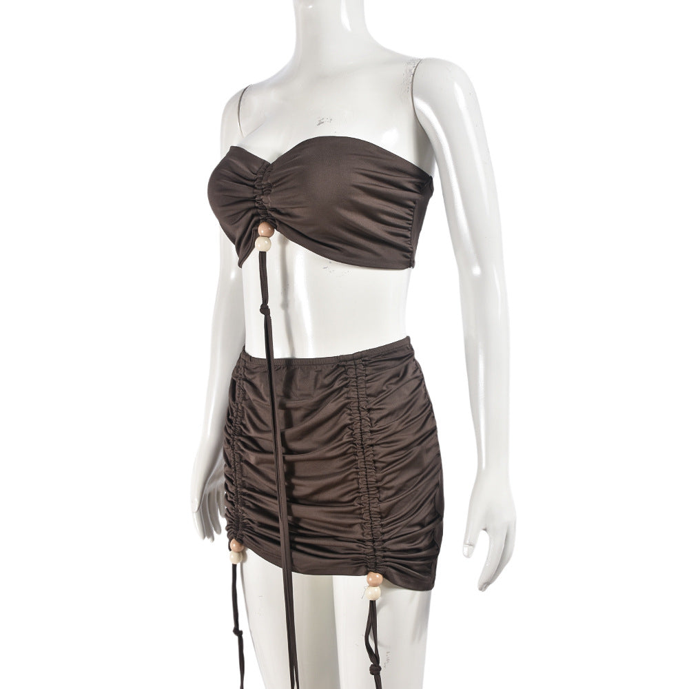 Women Summer Crop Lace Wrinkle Strapless Top and Skirt Two-piece Set 9