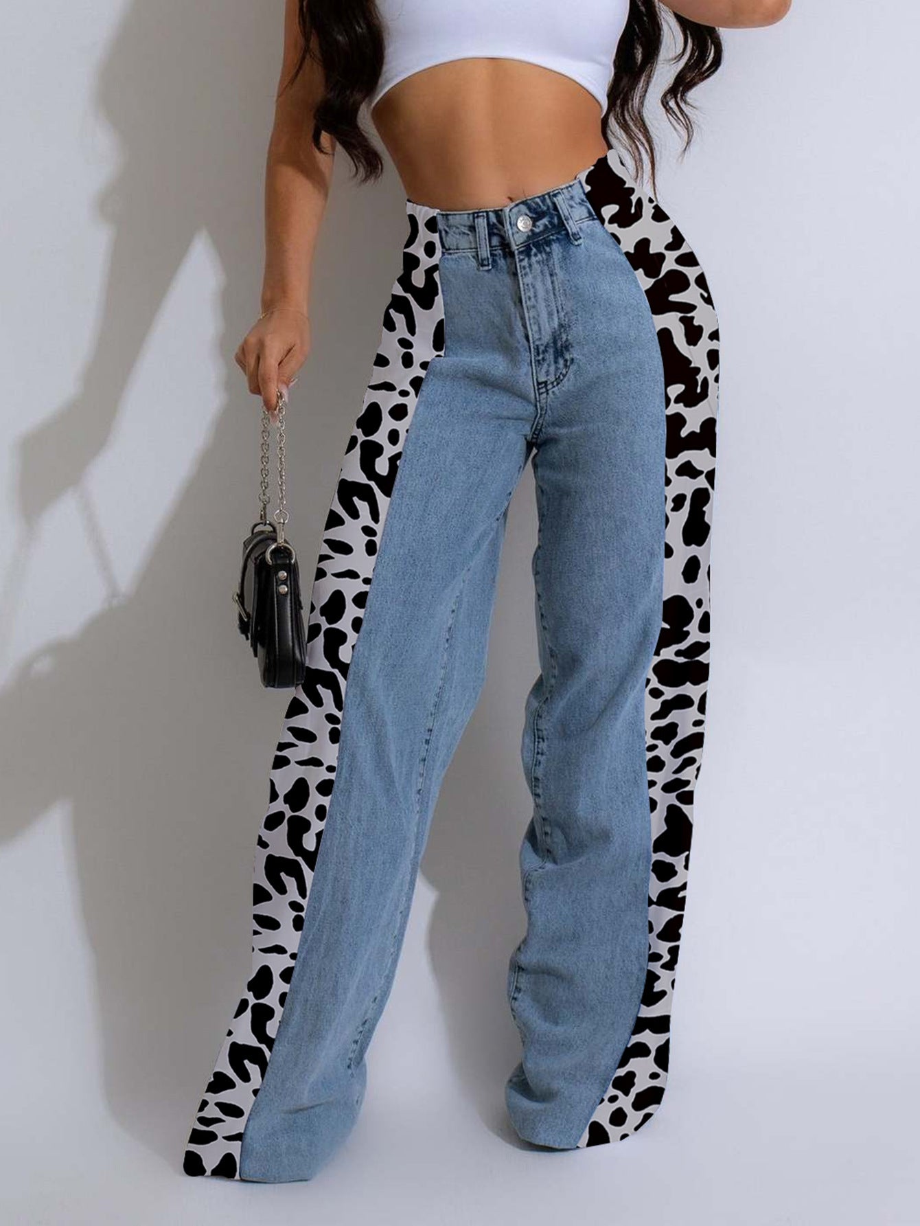 Women's street fashion leopard print patchwork straight denim trousers 4