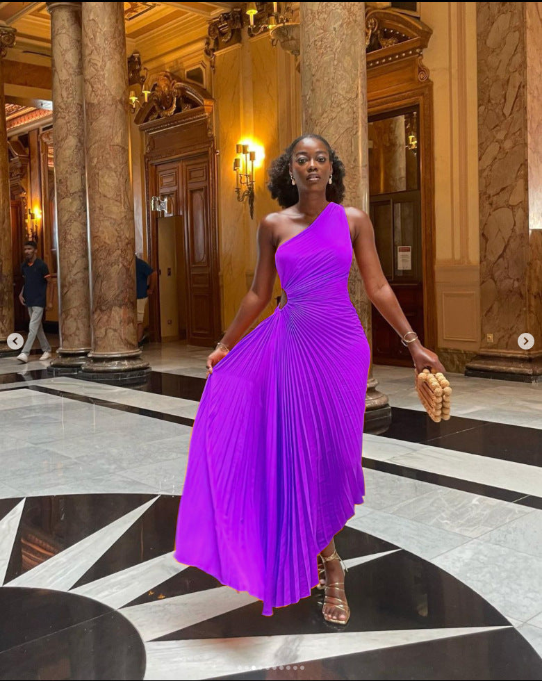 Elegant Slim Fit One Shoulder Cutout Pleated Gown Dress 10