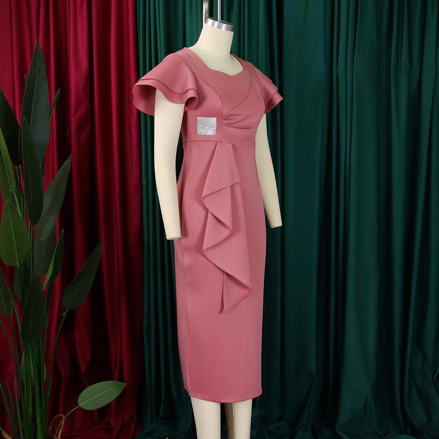 Women Elegant Ruffle Solid Bodycon Dress 23