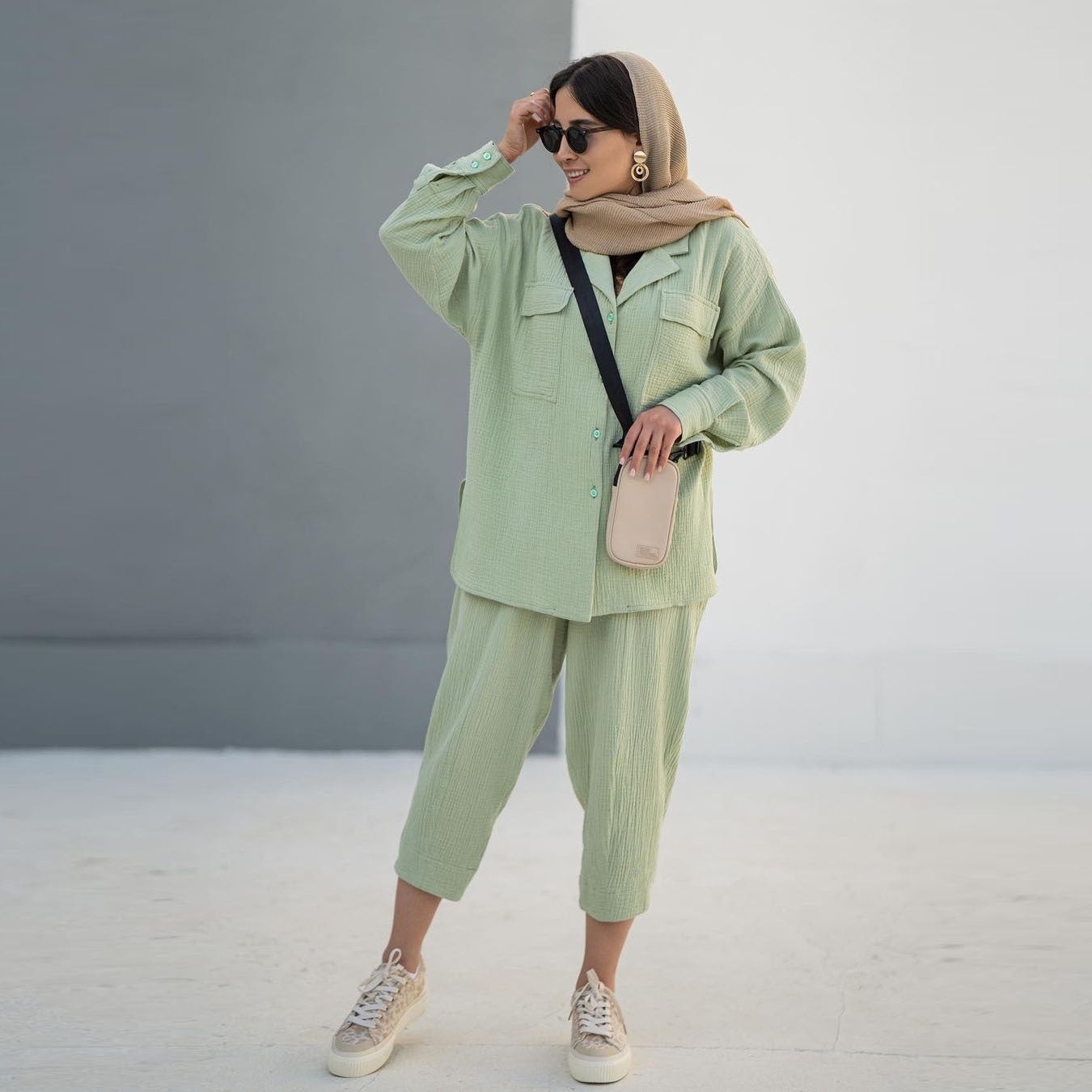 Women's Fashion Loose Solid Color Turndown Collar Long Sleeve Shirt Nine-Point Pants Two Piece Set 8