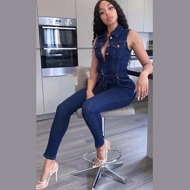 African Women Sexy Sleeveless Lace-up Stretch Casual Denim Jumpsuit 3