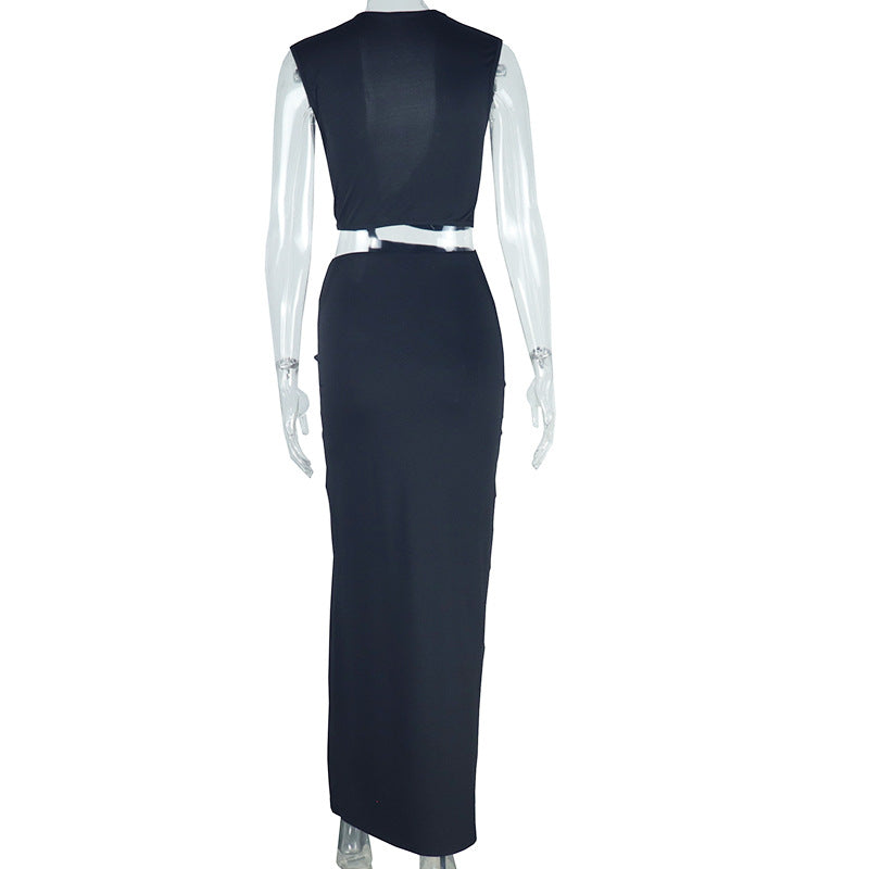 Women's Fashion Solid Color Dress Sleeveless Irregular Slit Dress 12