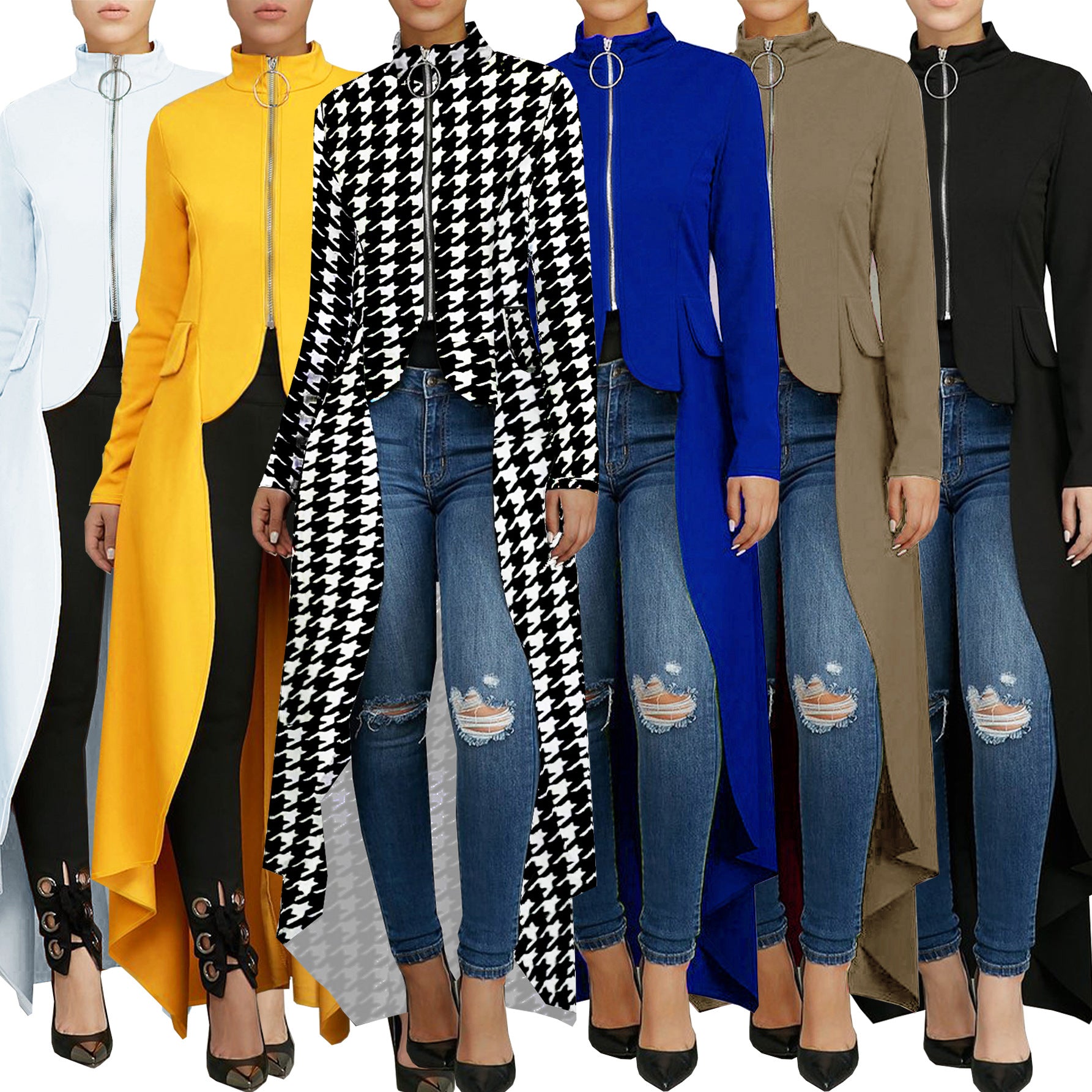 Women Long Sleeve Turtleneck Zipper Fake Pocket Irregular Dress 15