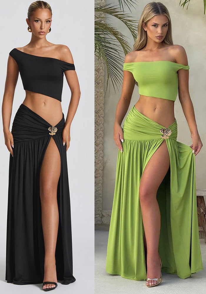 Summer Women's Sexy Slash Shoulder Crop Top Side Slit Skirt Set