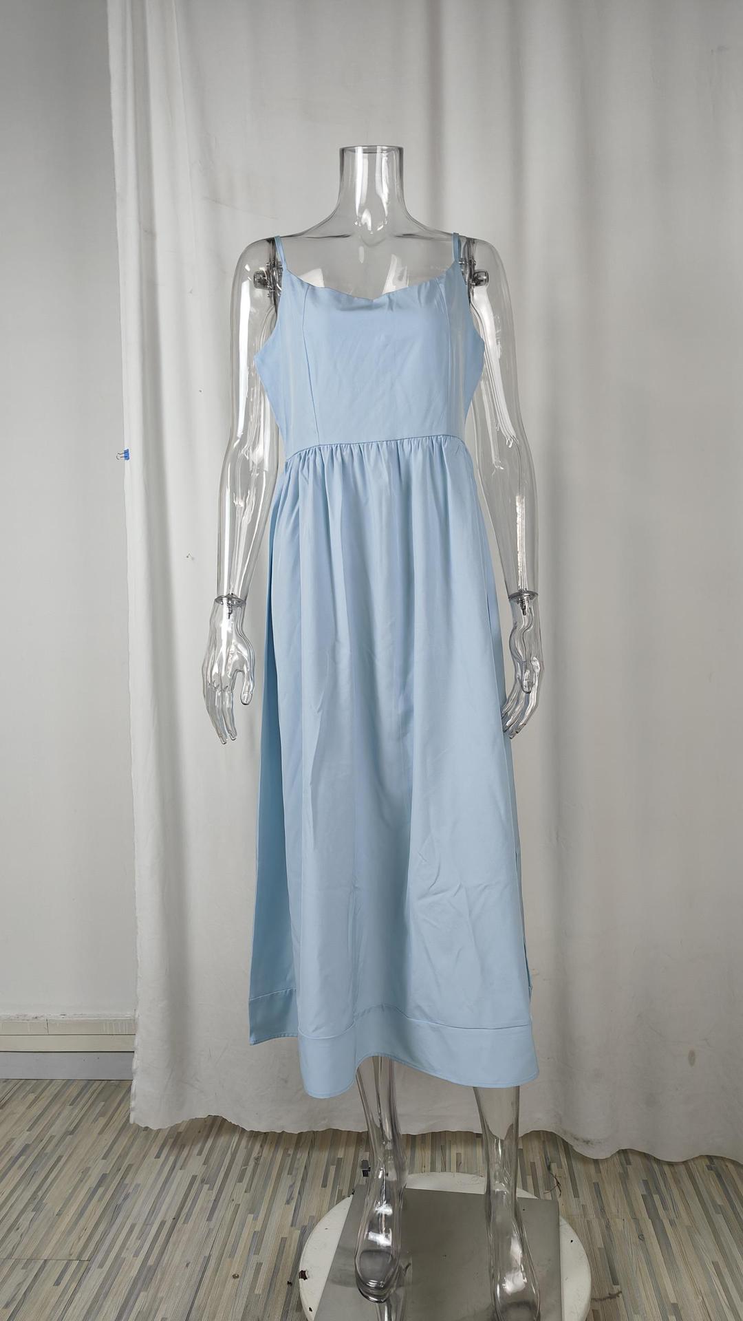 Summer Women's Elegant Strap Chic Solid Color High-Waist Big Swing Dress 10