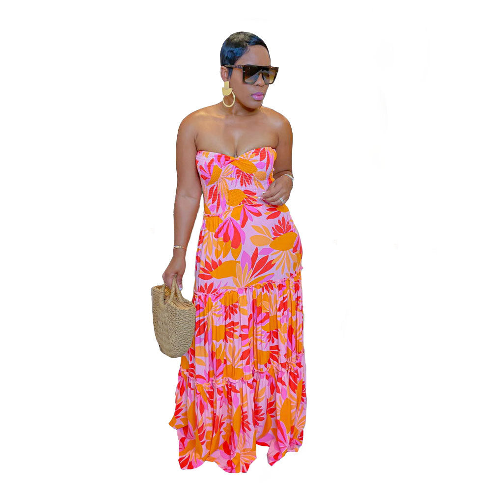 Summer Printed Strapless Swing Maxi Dress 10
