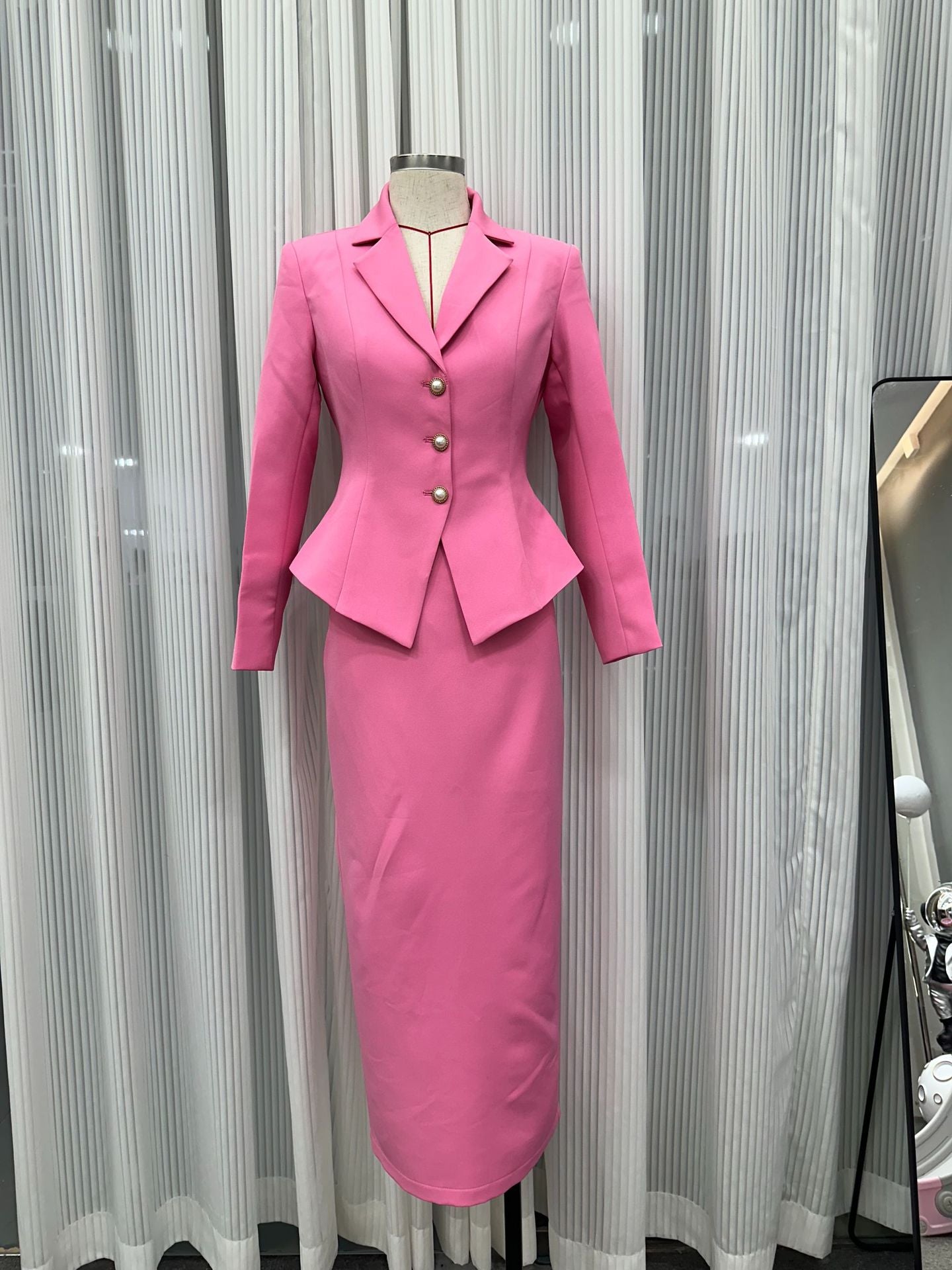 Autumn Women Turndown Collar Single-Breasted Slim Fit Coat + Mid-Length Skirt Set 3