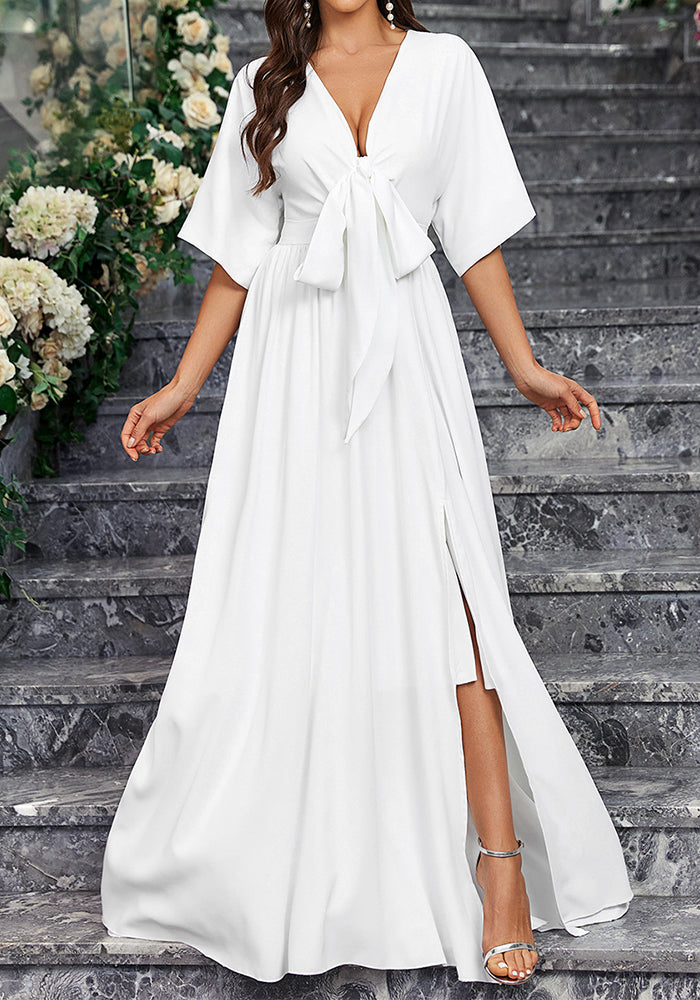 Elegant White V-Neck Slit Half-Sleeve Bow Tie Spring And Summer Women's Dress