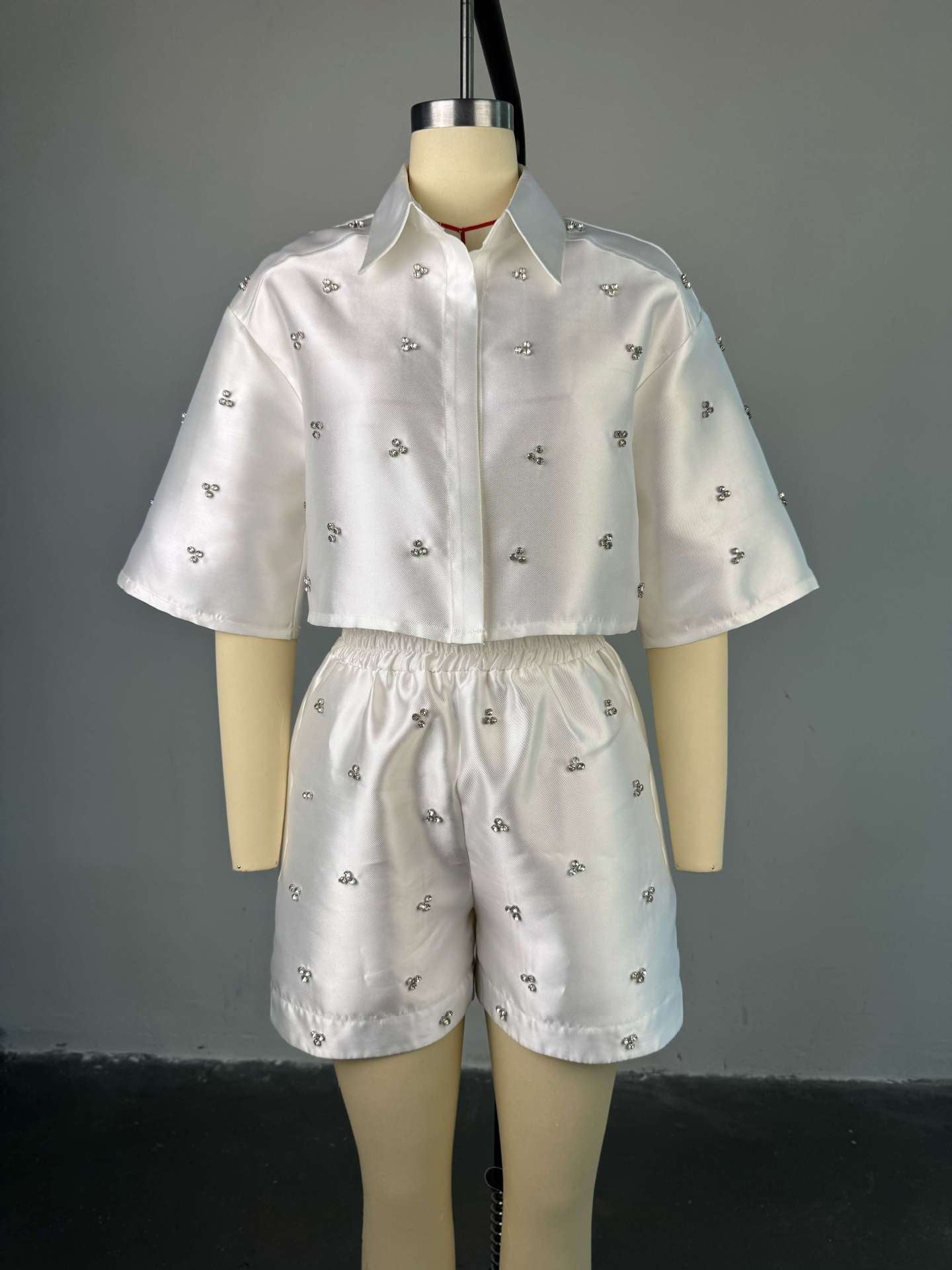 Women's summer beading Turndown Collar Bat Sleeves shirt high waist shorts two-piece set 9