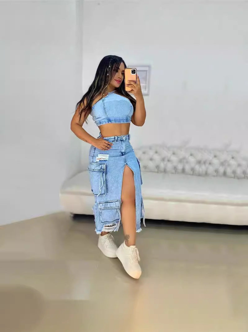 women's slit Ripped pocket Cargo Denim skirt 5
