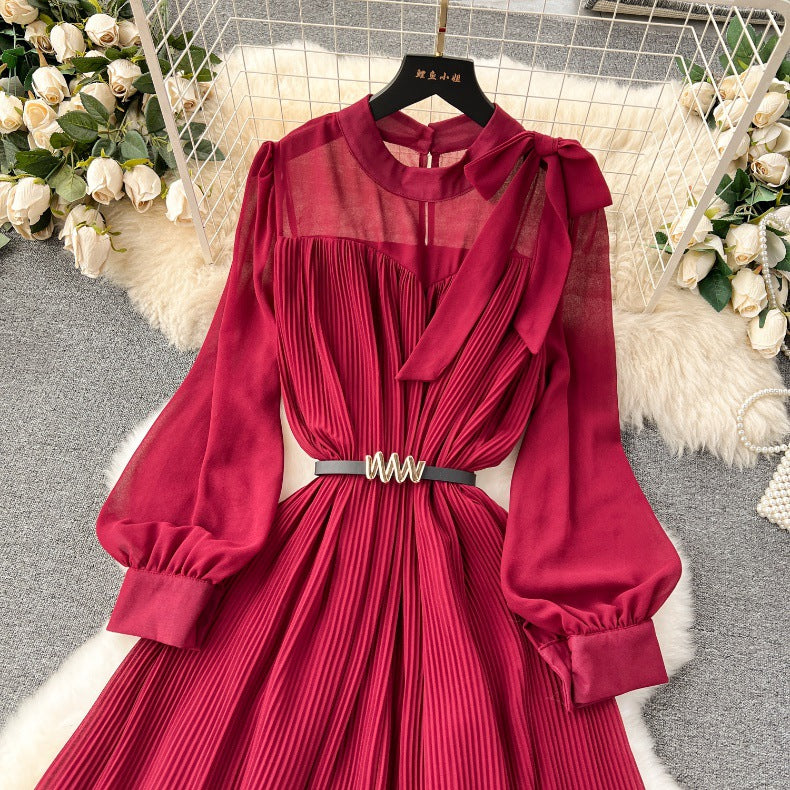 Spring Women's Bow Pleated Chiffon Puff Sleeve Long Dress 17