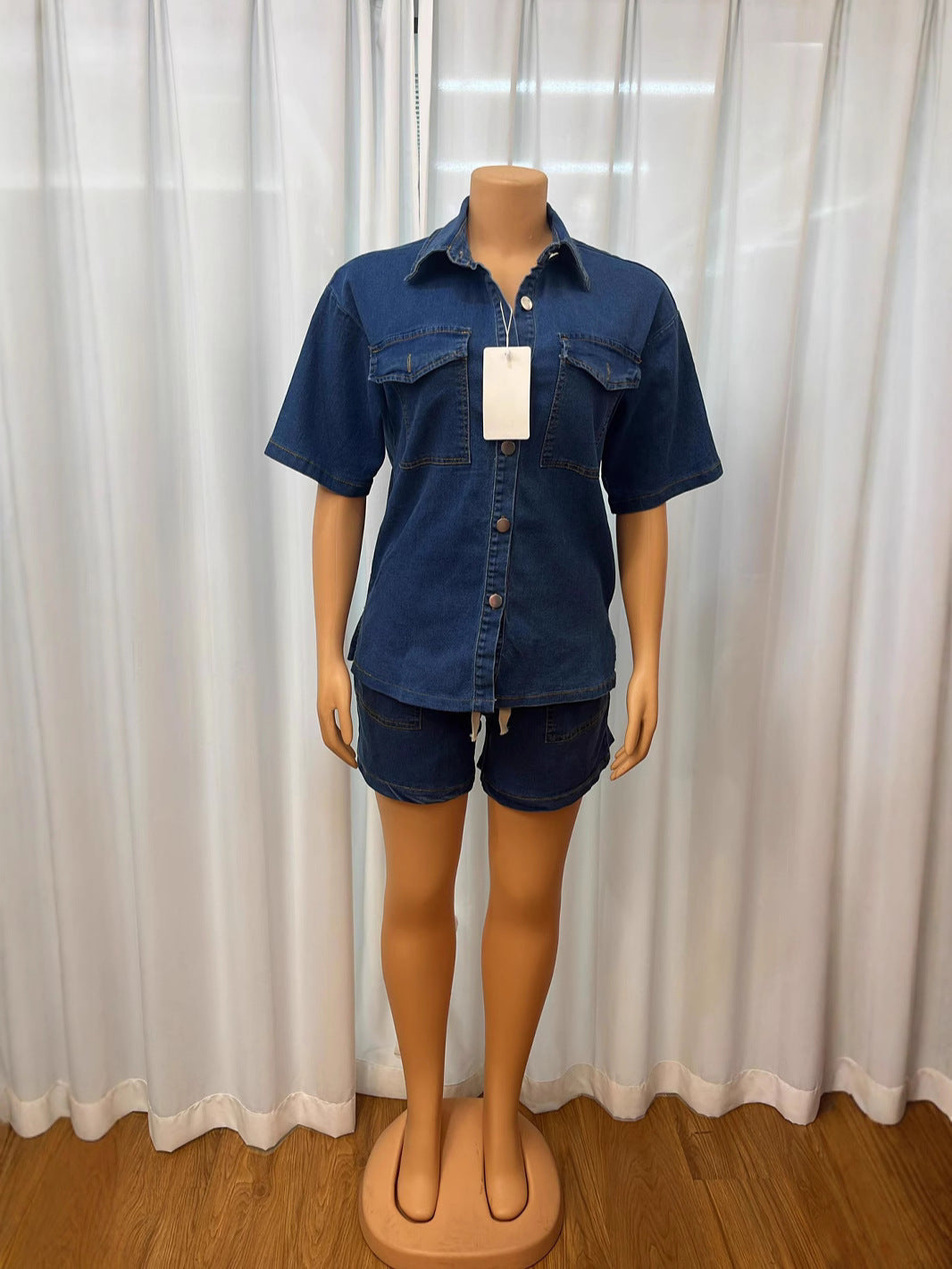 Women Denim Pocket Button Short Sleeve Top and Shorts Two-Piece Set 6