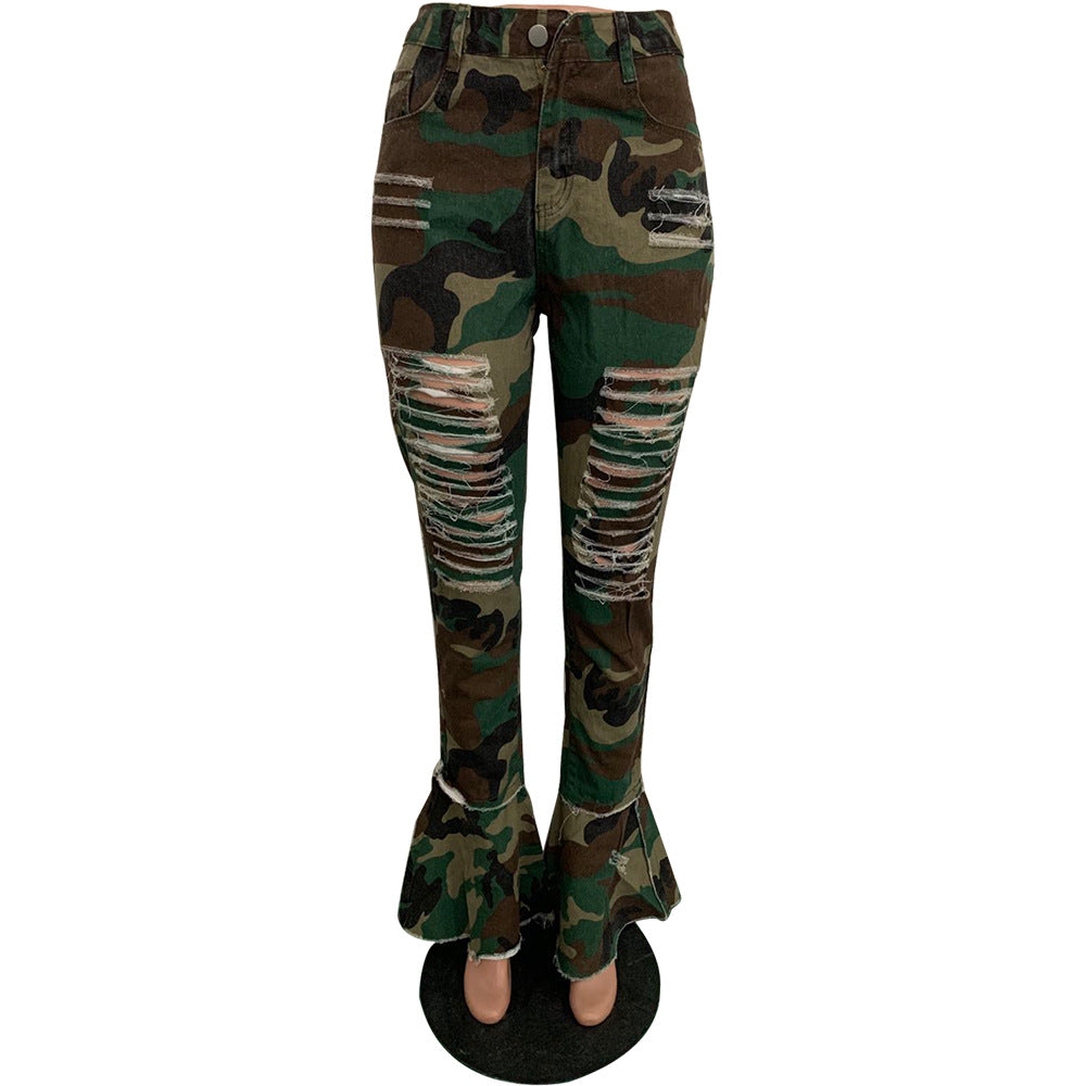 Women's Fringed Ripped Classic Denim Ruffle Trouser 36