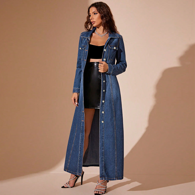 Women's Turndown Collar Button Denim Long Dress 3
