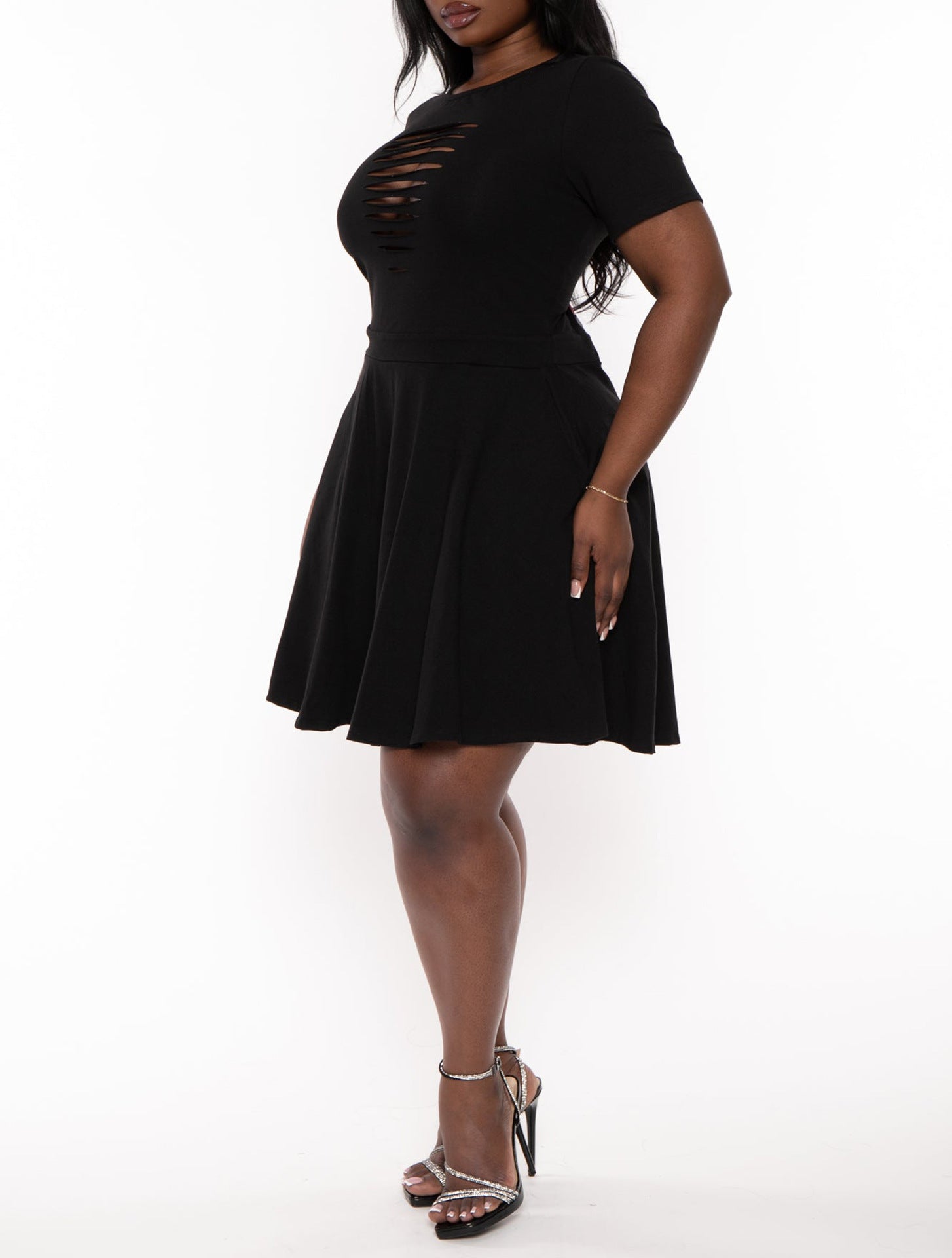 Plus Size Women's Summer Fashion Chic Short Sleeve Slim Hollow A-Line Dress 4