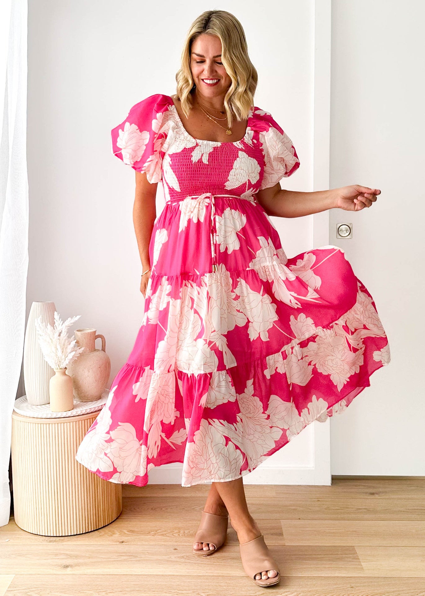 Women Elegant Print Off Shoulder Puff Sleeve Dress 30