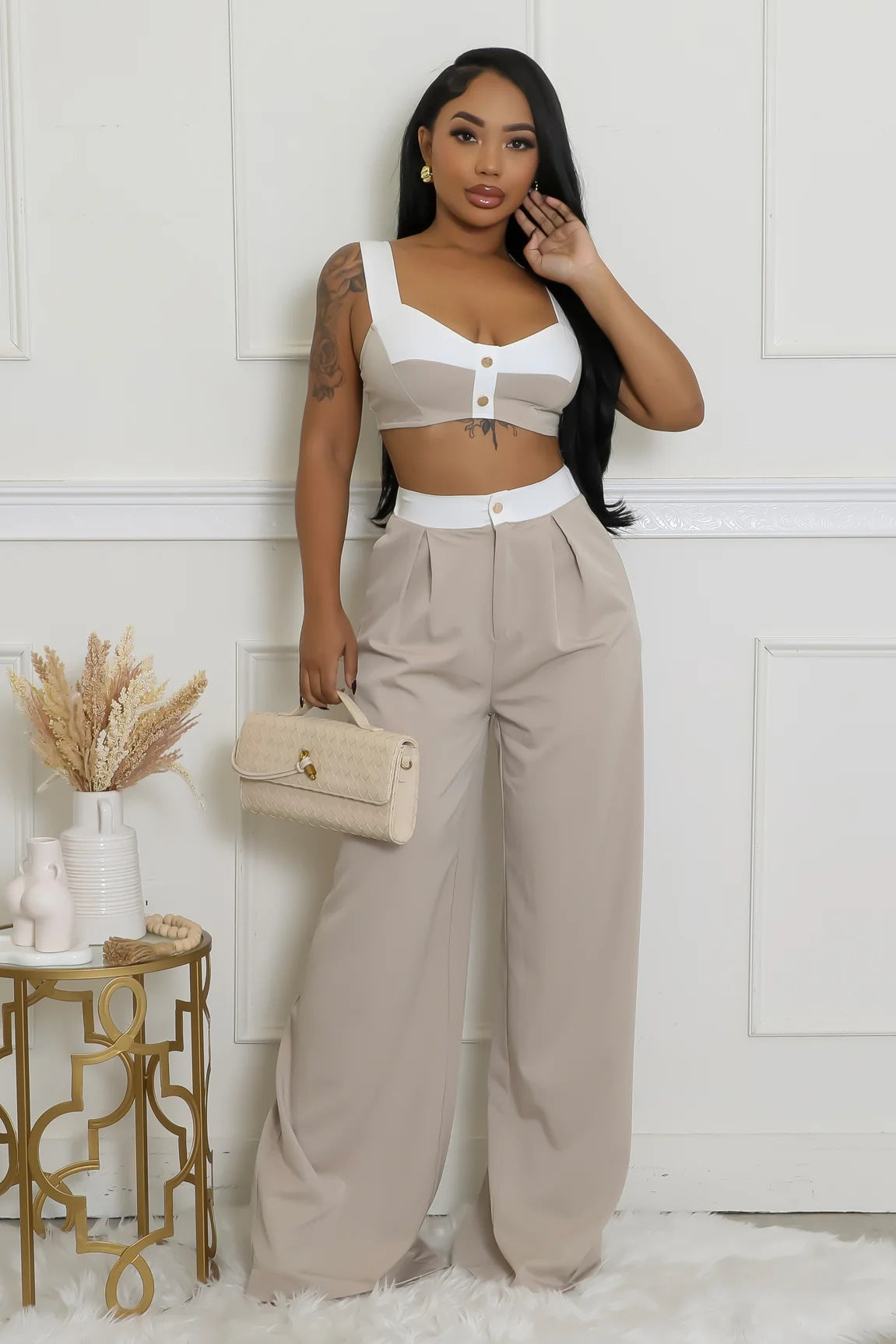 Women's Sleeveless Color-Block High-Waisted Wide-Leg Pants Set 17