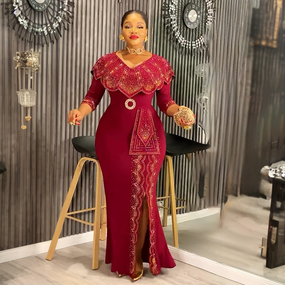 Africa Plus Size Women's Fashion Chic Elegant Formal Party Beaded V-Neck Dress 3