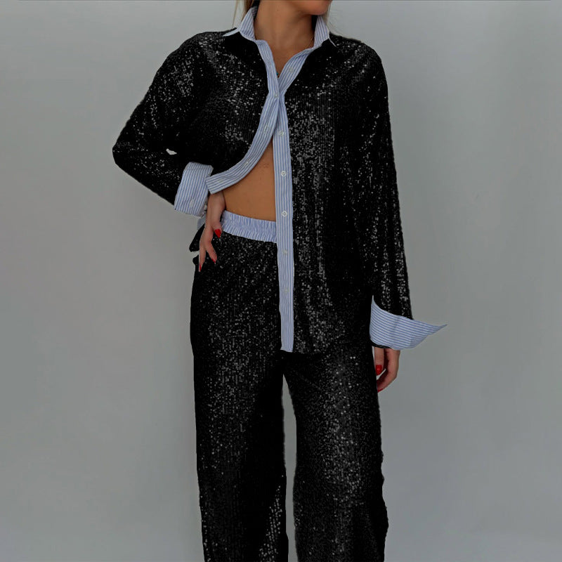 Women Casual Sequin Blazer and Wide-Leg Pants Two-Piece Set 8