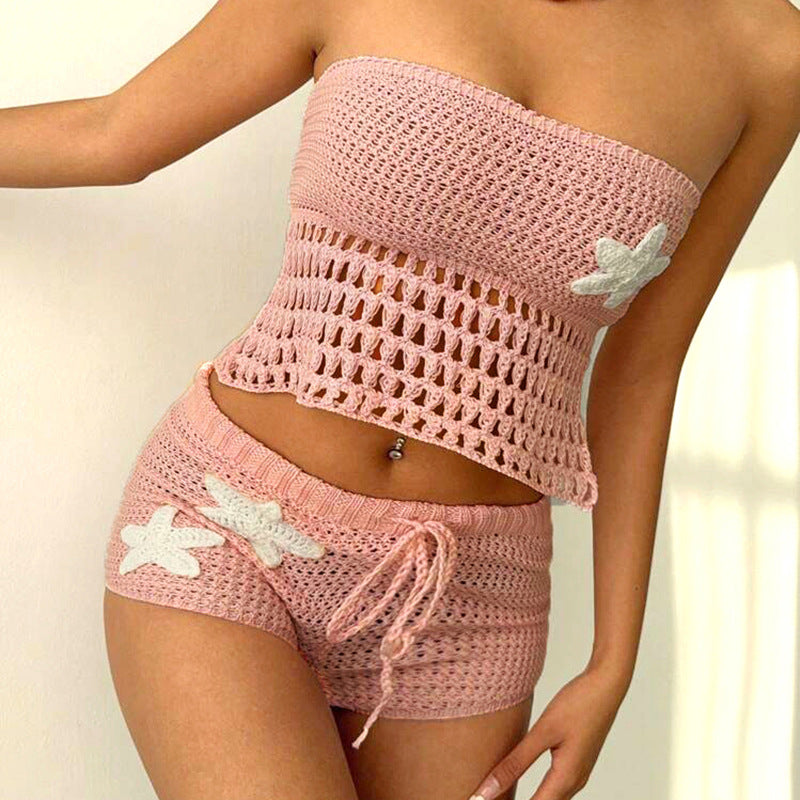 Women's Summer Sexy Strapless Floral Knitted Shorts Set 6