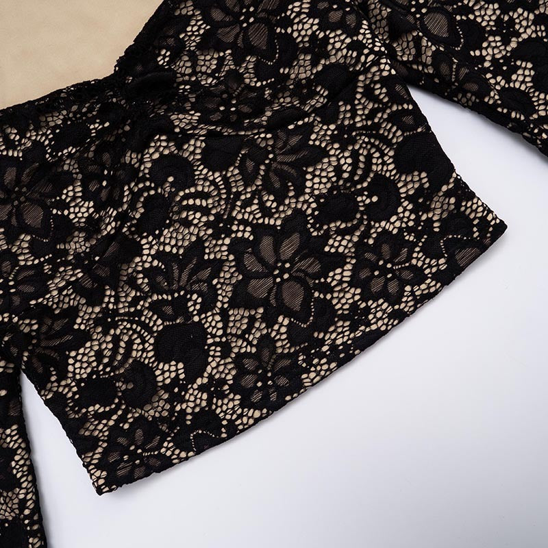 Women's Lace See-Through Long Sleeve Top & Tight Fitting Pants Two-Piece Set 24