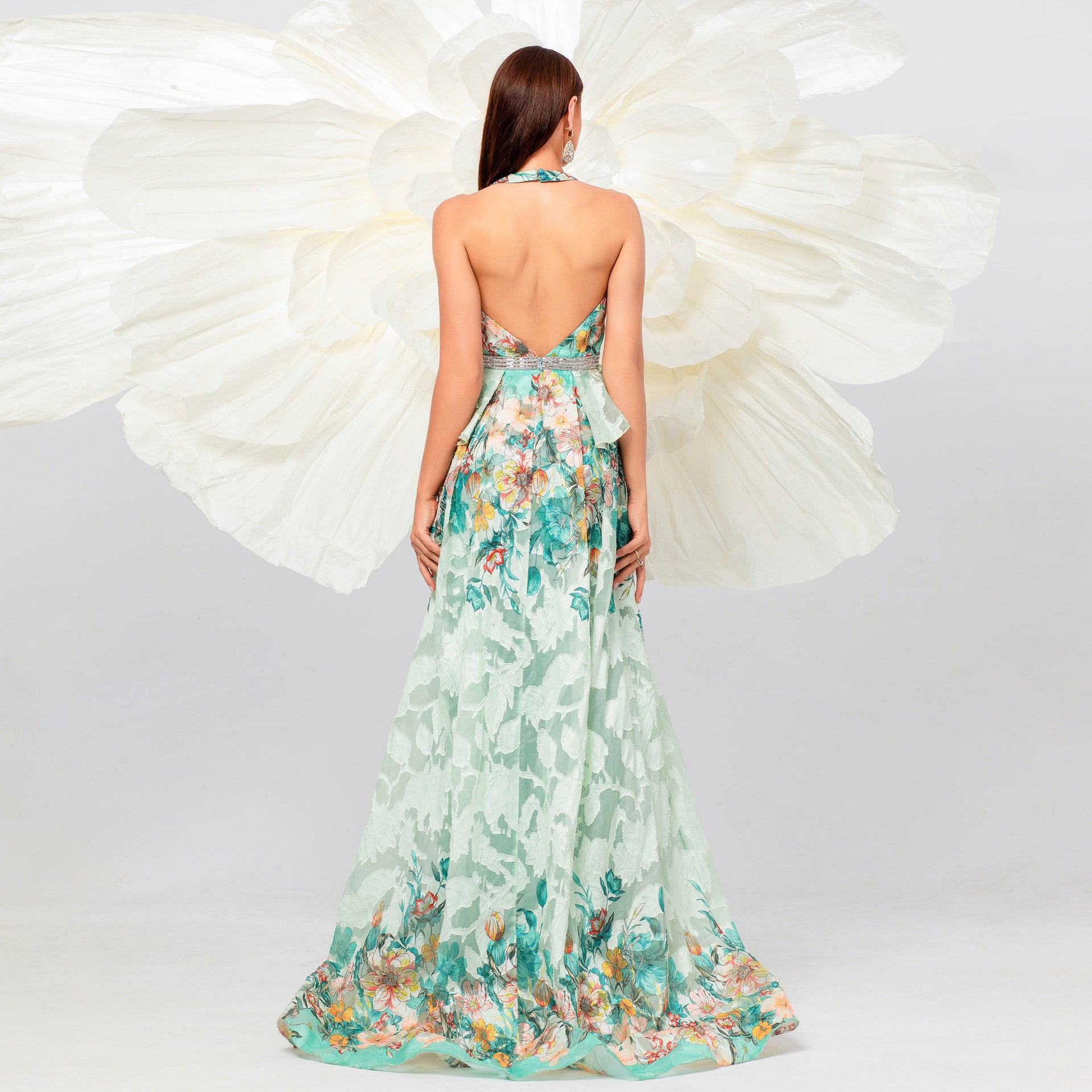 Women Sleeveless V-Neck Halter Neck Maxi Wedding Evening Dress 4