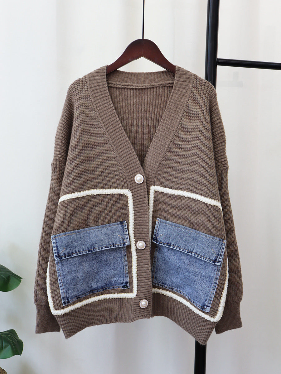 Autumn And Winter Denim Pocket Knitting Cardigan Loose Chic Wool Coat 13