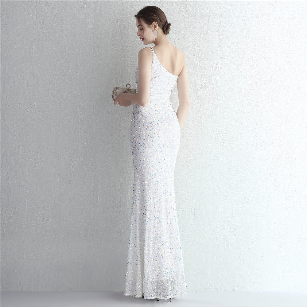 Women Sequined One Shoulder Strap Formal Party Slit Mermaid Evening Dress 15