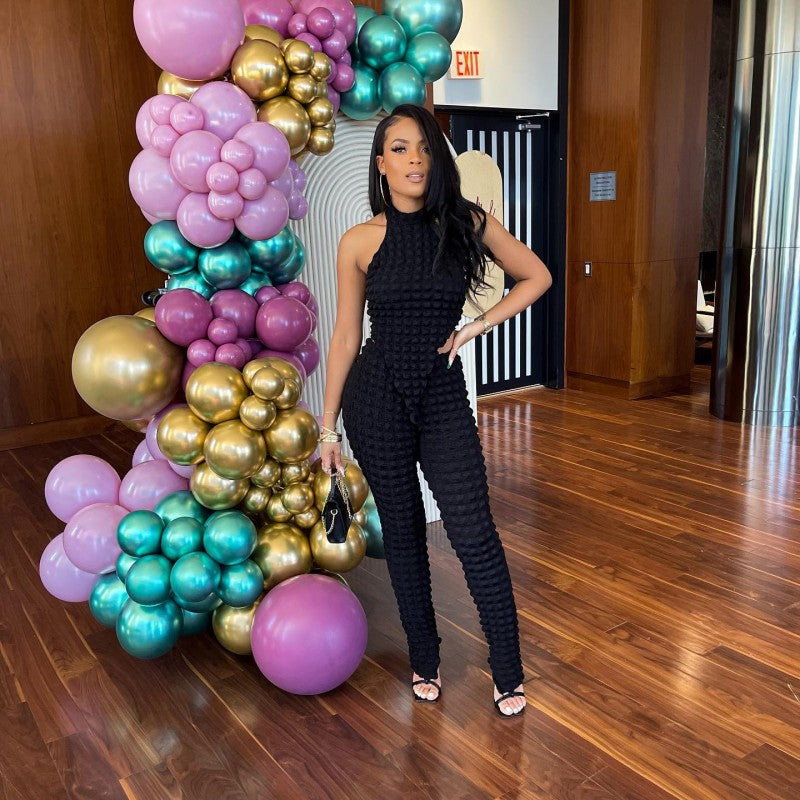 Women Summer Solid Sleeveless Halter Neck Tank Top and Pants Two-piece Set 4