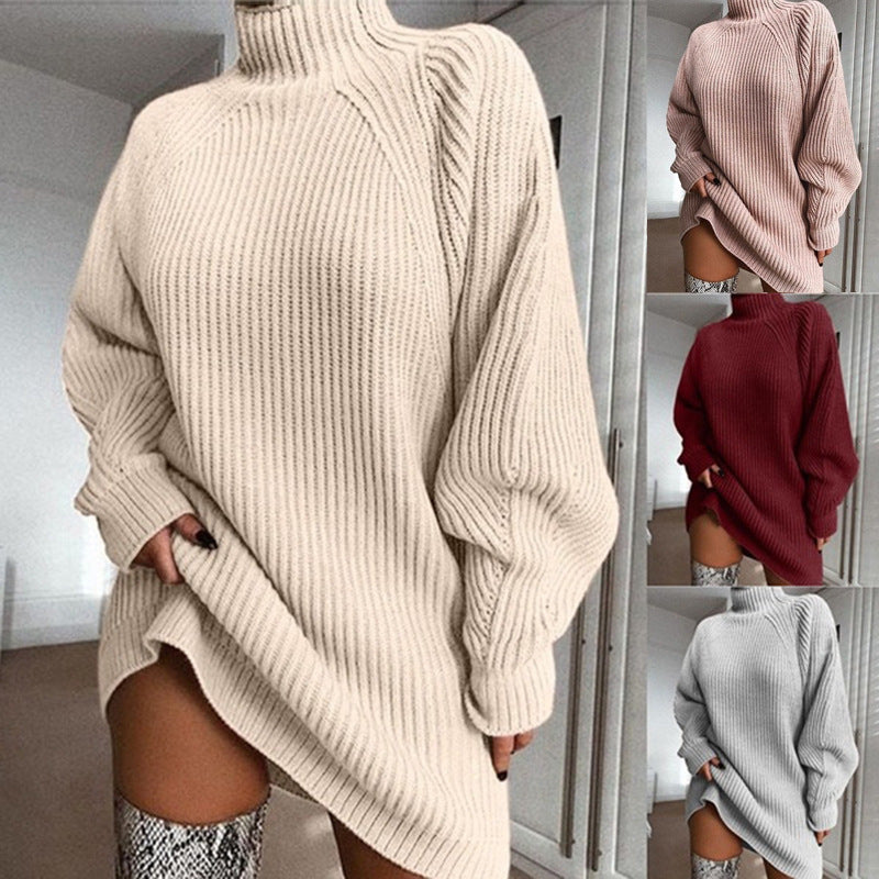 Women autumn and winter knitting raglan sleeve turtleneck sweater dress 10